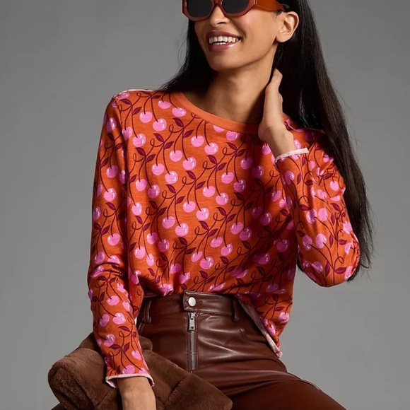 Anthropologie Tops - Anthropologie Maeve Cherry Print Long Sleeve Graphic Cropped Shirt Size Large